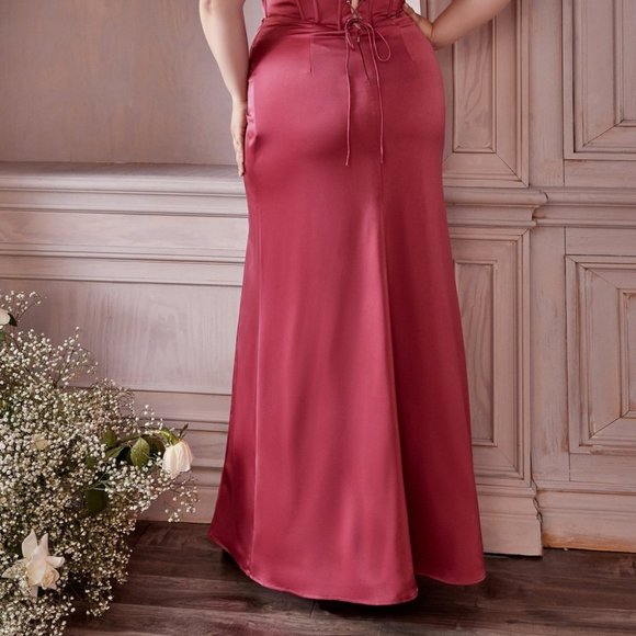 NEW LONG OFF SHOULDER SHEATH SLEEVELESS SATIN DRESS WITH LACE UP BACK CD 7484C - Picture 7 of 10